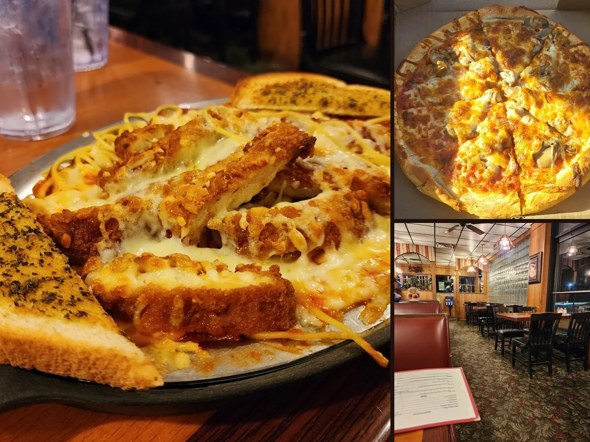 Pizza slices on a restaurant table.