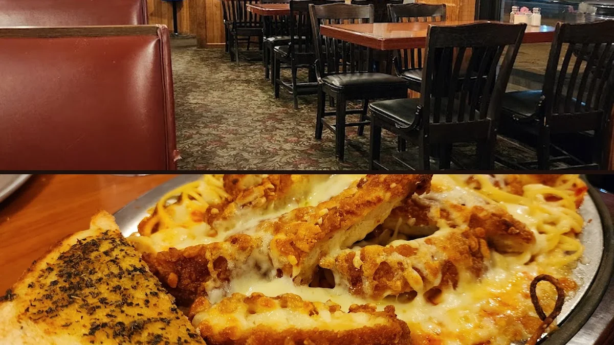 Pizza slices on a restaurant table.