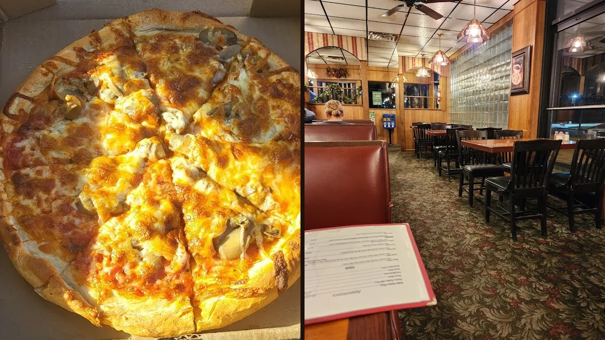 Pizza slices on a restaurant table.